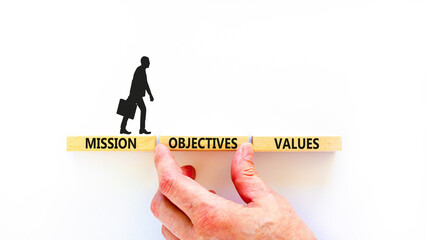 Mission objectives values symbol. Concept words Mission Objectives Values on beautiful blocks....