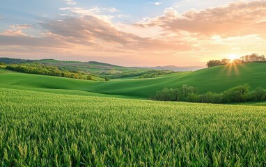 Fototapeta premium A soft spring sunset, with pastel colors filling the sky and the first signs of evening shadows stretching over fresh green fields
