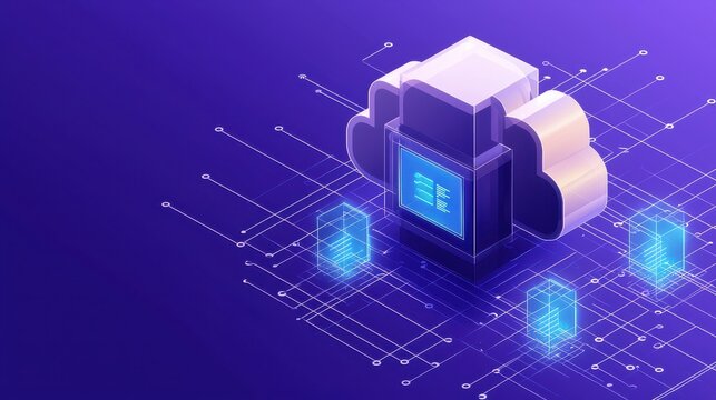 A digital illustration of a cloud computing concept, featuring cloud icons and data connections on a vibrant purple background.