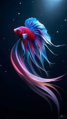 A celestial betta fish with glowing, flowing fins dances gracefully in a mystical, dreamlike darkness.