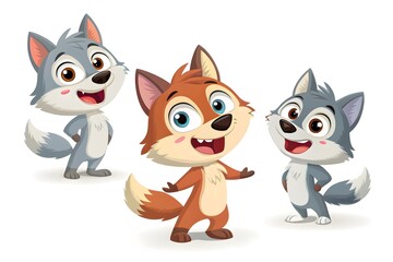 Obraz premium Cute 3D Cartoon Wolf Set – Joyful and Friendly Wolves on White Background
