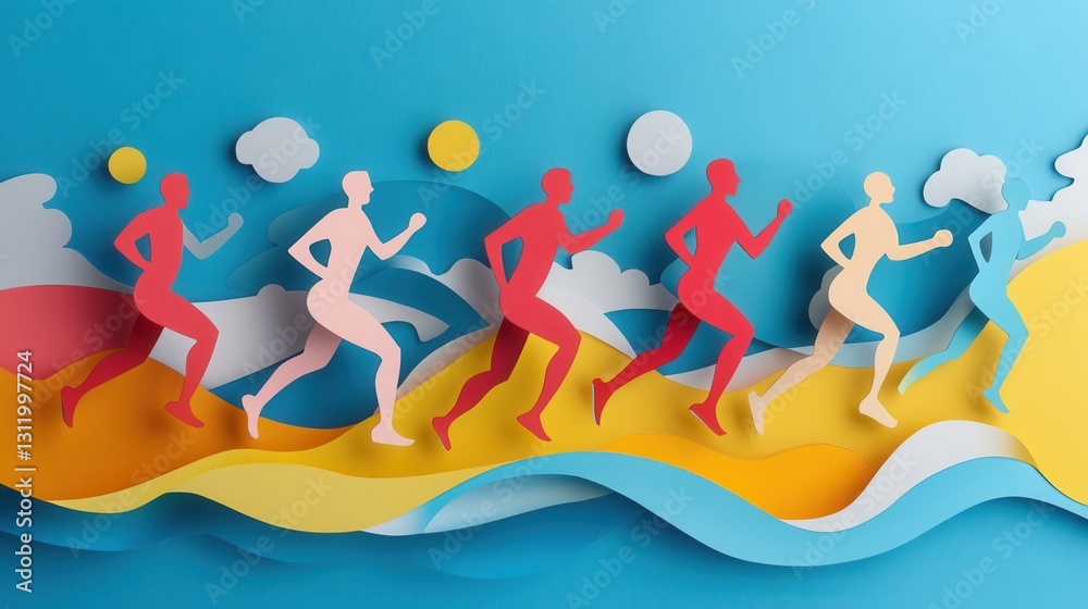 Aufkleber dynamic paper cutout illustration of energetic figures engaged in running and gym activities on a vi