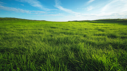 Obraz premium Grass field and partly cloudy sky on the background. Carbon neutrality
