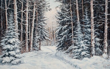 Fototapeta premium A snow-covered forest with tall, slender pine trees and a soft, powdery blanket of snow