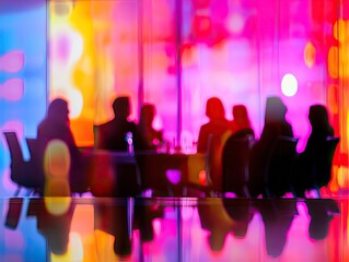 Abstract meeting shadows with vibrant background hues and reflections