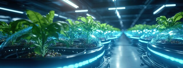A futuristic space station with greenhouses producing food.