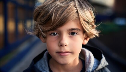 Obraz premium Cheerful youth stands confidently, showcasing a captivating gaze in a vivid cityscape.