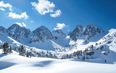 A snowy mountain range with blue skies and clear, crisp air