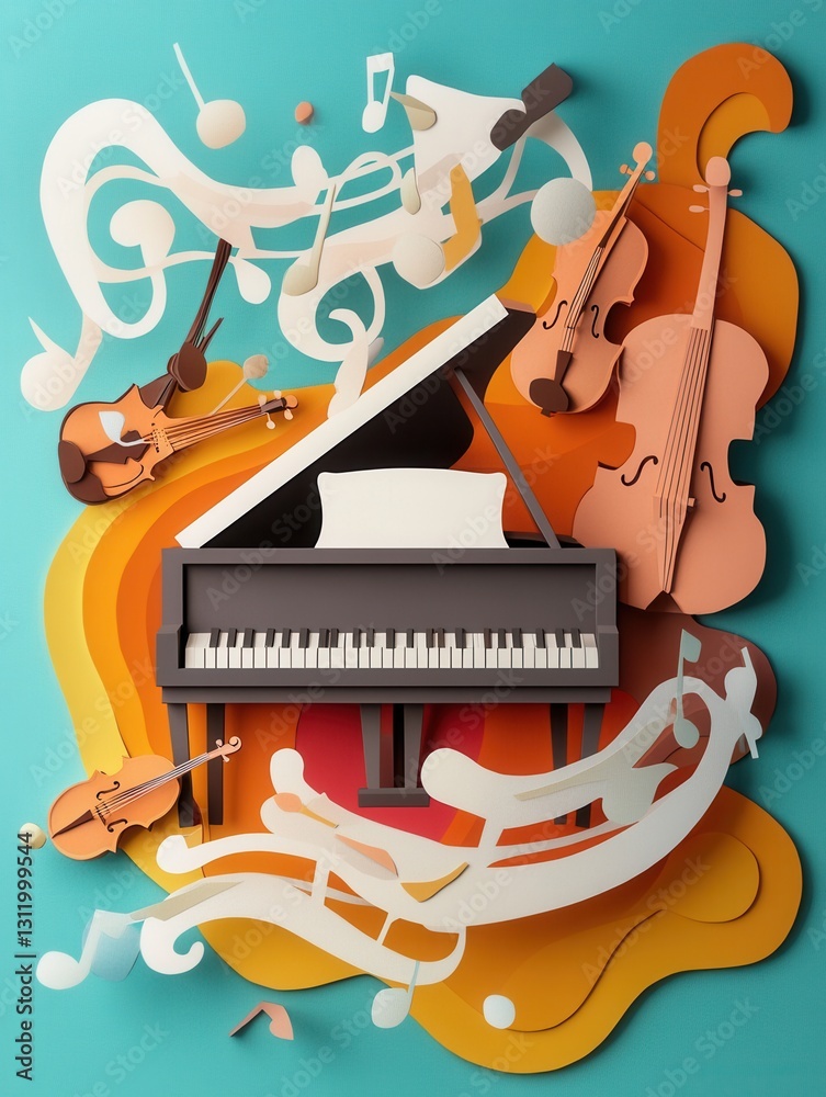 Poster Musical notes and instruments surround a grand piano in a vibrant paper craft design showcasing dynamic art