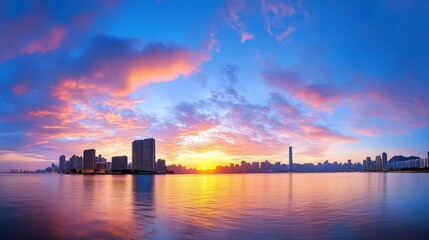 Fototapeta premium A vibrant city skyline at sunset, reflecting colorful clouds on the water's surface.
