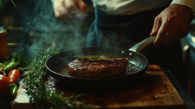 Cook preparing a perfectly seared steak with fresh herbs in a restaurant kitchen during a culinary session