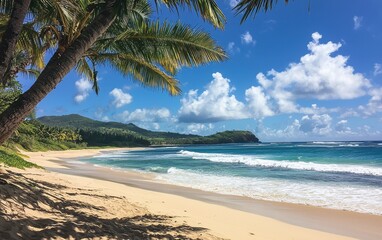 Fototapeta premium A sunny beach with palm trees, turquoise water, and gentle waves under a bright blue sky