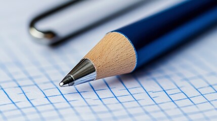 Close-up of a Blue Pen and Paperclip on Graph Paper