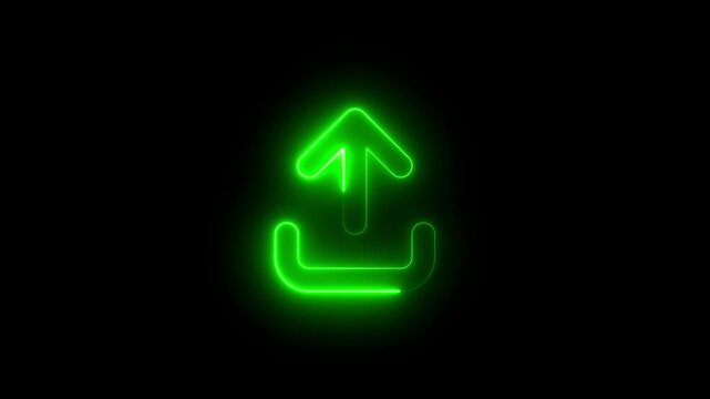 Neon symbol arrow up from bracket icon green color glowing animation with black background