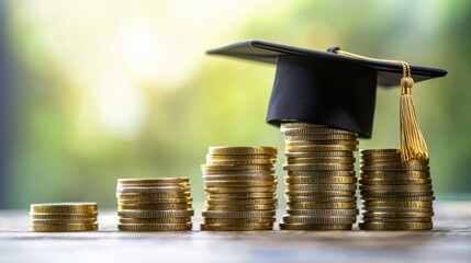 graduation cap rests on stacks of gold coins, symbolizing the financial costs and investment in higher education and student loans.