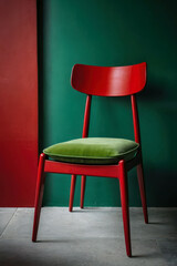Antique red chair with green cushion
