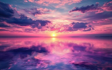 Obraz premium A stunning sunset reflected on a glassy lake, with purple and pink clouds scattered across the sky