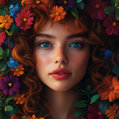 Naklejka premium A young woman standing amidst various flowers, her beautiful face can attract many eyes to her.