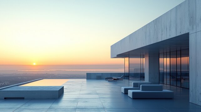 Modern rooftop pool deck at sunrise overlooking city