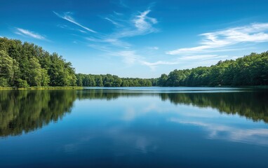 Fototapeta premium A stunning view of a calm lake reflecting the surrounding trees and a bright blue sky