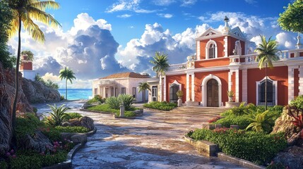 Tropical Coastal Village Pathway to Historic Building