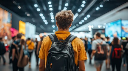 Young Man with Backpack Walking Through a Crowded Convention Center