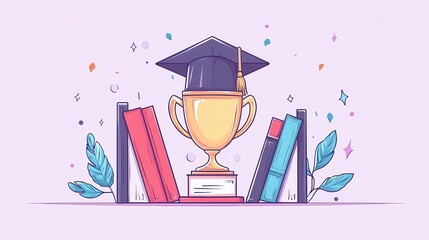 graduation hat and trophy, books, education concept -