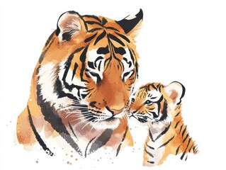 Obraz premium Striking illustration of a tiger and its cub showcasing their bond and nature's beauty