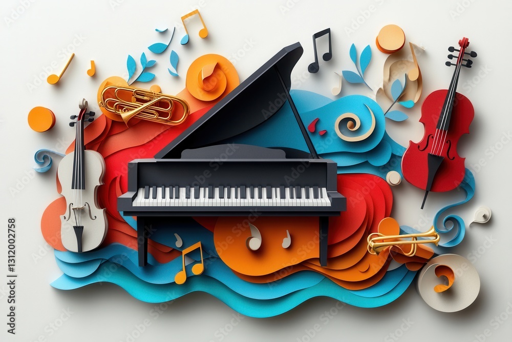 Poster musical notes and instruments create dynamic paper craft design featuring a grand piano, violins, an