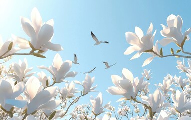 A sunny spring day with a bright blue sky, blooming magnolia flowers, and birds flying in the distance
