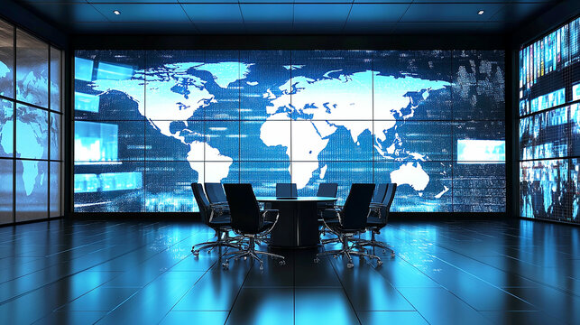 デジタル世界地図が映し出された近未来の会議室
