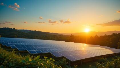 Solar panels in African landscape at sunset