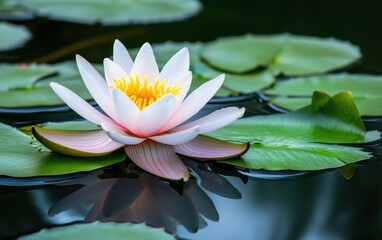 A tranquil pond surrounded by greenery with a beautiful lily pad in bloom
