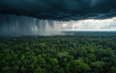 Obraz premium A thunderstorm brewing on the horizon, with dark clouds rapidly moving towards a lush forest
