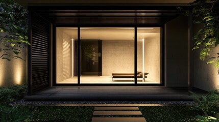 Serene Minimalist Modern Home Interior Design at Night