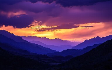 Obraz premium A tranquil sunset in the mountains, with the sky changing from golden to deep purple as night approaches