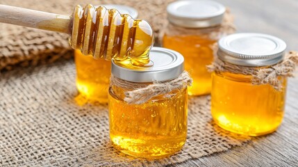 Golden Honey Delight A Close-Up of Sweet, Natural Goodness in Jars Capture the essence of pure honey with this detailed shot showcasing its rich color and viscous texture Perfect for showcasing