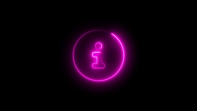 Neon symbol circle info icon pink  color glowing animation with black background
