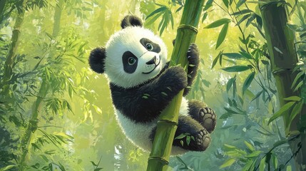 Obraz premium A young panda playfully climbing a bamboo stalk, with a forest of green leaves surrounding it