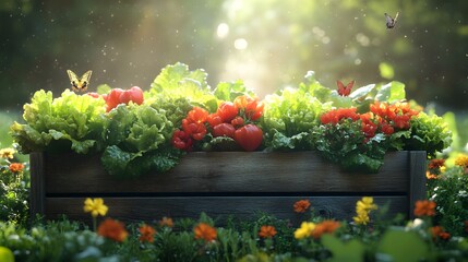 A Colorful Composition of Fresh Lettuce and Herbs with Butterflies in a Picturesque Garden Setting