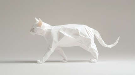White origami cat walking, minimalist style.