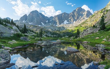 Naklejka premium A tranquil mountain scene with towering peaks, a deep valley, and a sparkling lake reflecting the sky