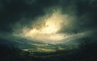 Dark, ominous storm clouds rolling across a vast landscape, signaling an approaching thunderstorm
