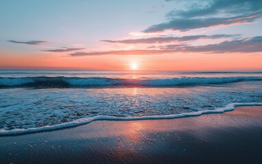 Fototapeta premium A tranquil sunset over a calm ocean with soft waves lapping at the shore