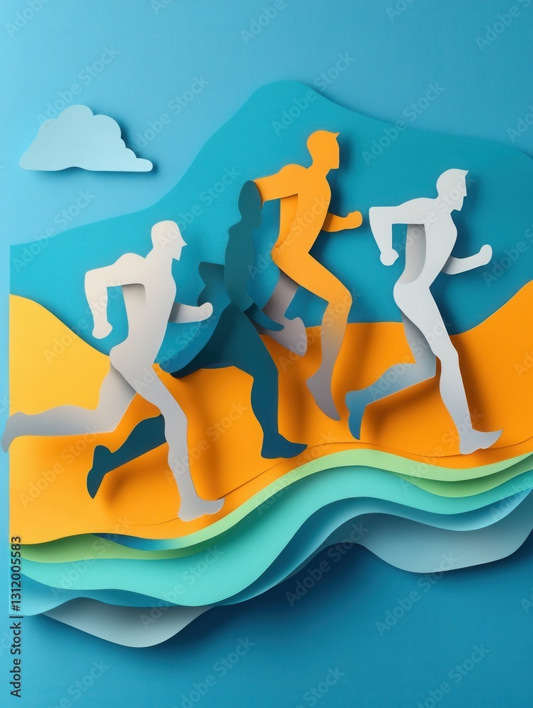 Aufkleber dynamic paper cutout design featuring running figures and gym equipment in energetic movement depict
