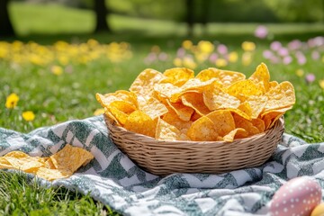 A wicker basket overflowing with crispy tortilla chips rests on a green and white checkered picnic blanket in a sunny park setting. Yellow and pink