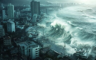 A tsunami flooding a coastal city, with water overtaking buildings and streets