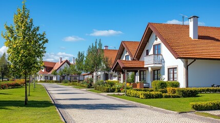 Suburban homes, sunny day, paved road, lush landscaping