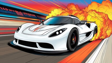 Obraz premium A dynamic illustration of a white supercar speeding down a track, surrounded by vibrant colors and dramatic smoke effects.