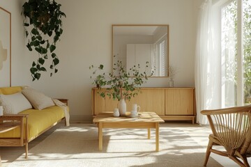 Sunny living room with yellow sofa, wooden furniture, and plants.